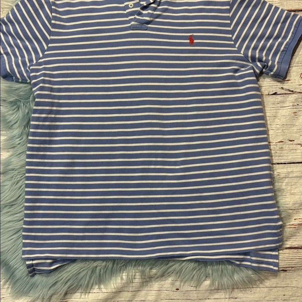 RALPH LAUREN Custom Fit Blue White Striped Red Logo Polo Shirt Top